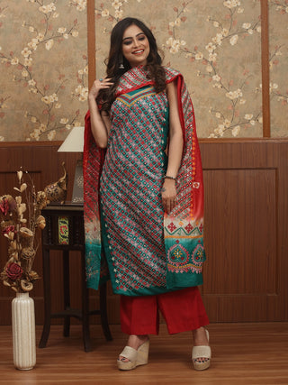 Emerald Green & Red Gujarati Hand-Embroidered Tussar Silk Dress Material