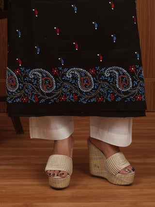 Classic Black Pure Cotton Kurta Fabric with Hand Kantha Embroidery