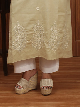 Champagne Beige Pure Cotton Kurta Fabric with Hand Kantha Embroidery