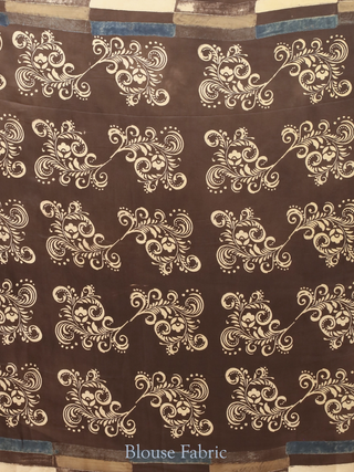 Cream, Mud Brown & Indigo Blue Modal Silk Ajrakh Hand Block Printed Saree