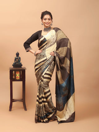 Cream, Mud Brown & Indigo Blue Modal Silk Ajrakh Hand Block Printed Saree