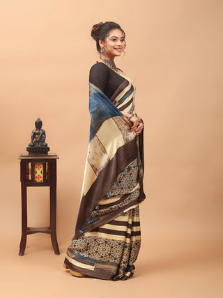Cream, Mud Brown & Indigo Blue Modal Silk Ajrakh Hand Block Printed Saree