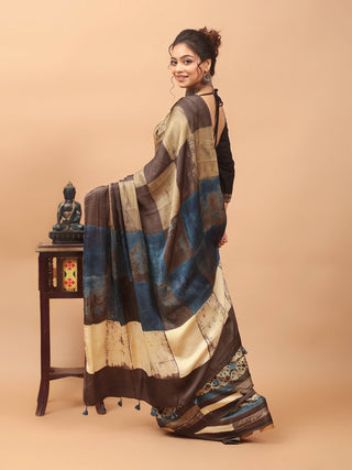 Cream, Mud Brown & Indigo Blue Modal Silk Ajrakh Hand Block Printed Saree