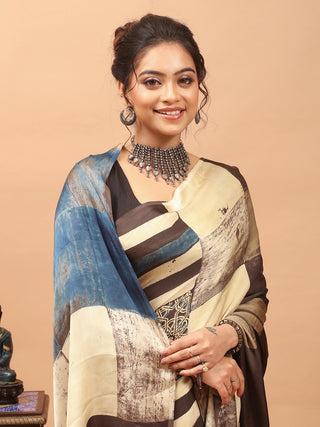 Cream, Mud Brown & Indigo Blue Modal Silk Ajrakh Hand Block Printed Saree