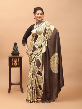 Ivory & Chocolate Brown Modal Silk Geometric Ajrakh Hand Block Printed Saree