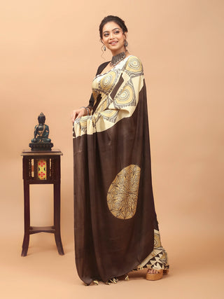 Ivory & Chocolate Brown Modal Silk Geometric Ajrakh Hand Block Printed Saree