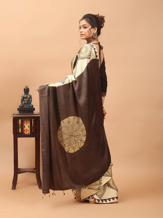 Ivory & Chocolate Brown Modal Silk Geometric Ajrakh Hand Block Printed Saree