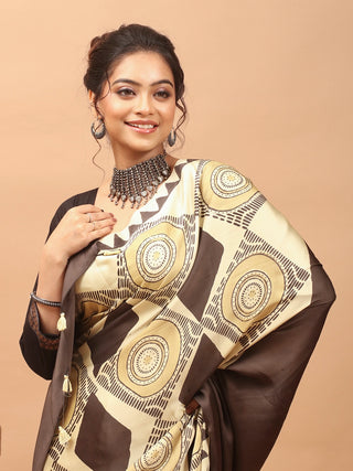 Ivory & Chocolate Brown Modal Silk Geometric Ajrakh Hand Block Printed Saree