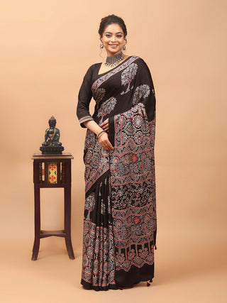 Black, Rust & Ivory Modal Silk Ajrakh Hand Block Printed Saree