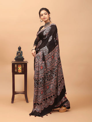 Black, Rust & Ivory Modal Silk Ajrakh Hand Block Printed Saree