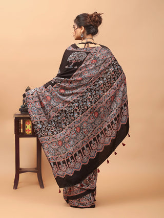 Black, Rust & Ivory Modal Silk Ajrakh Hand Block Printed Saree