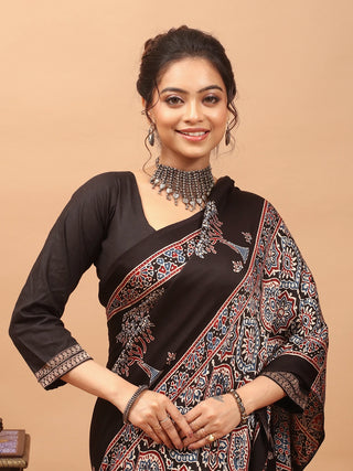 Black, Rust & Ivory Modal Silk Ajrakh Hand Block Printed Saree