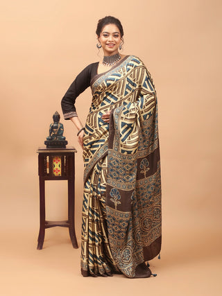 Beige, Teal & Coffee Brown Modal Silk Ajrakh Hand Block Printed Saree