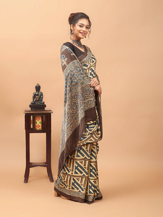Beige, Teal & Coffee Brown Modal Silk Ajrakh Hand Block Printed Saree