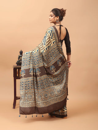 Beige, Teal & Coffee Brown Modal Silk Ajrakh Hand Block Printed Saree