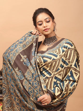 Beige, Teal & Coffee Brown Modal Silk Ajrakh Hand Block Printed Saree