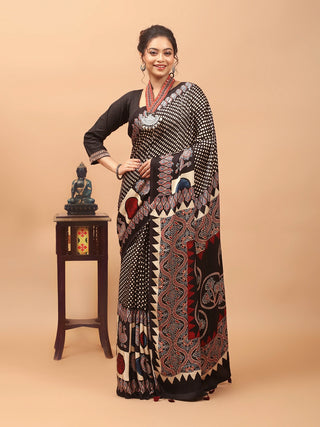 Black, Ivory & Rust Red Modal Silk Ajrakh Hand Block Printed Saree