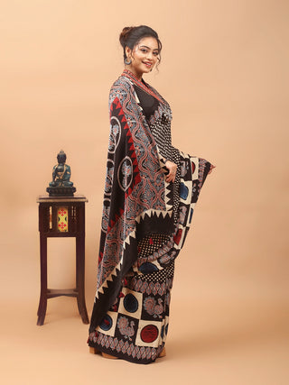 Black, Ivory & Rust Red Modal Silk Ajrakh Hand Block Printed Saree