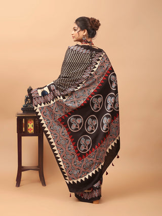 Black, Ivory & Rust Red Modal Silk Ajrakh Hand Block Printed Saree