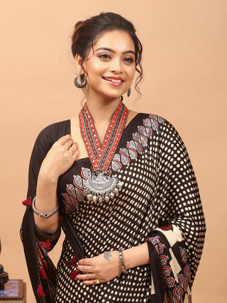 Black, Ivory & Rust Red Modal Silk Ajrakh Hand Block Printed Saree