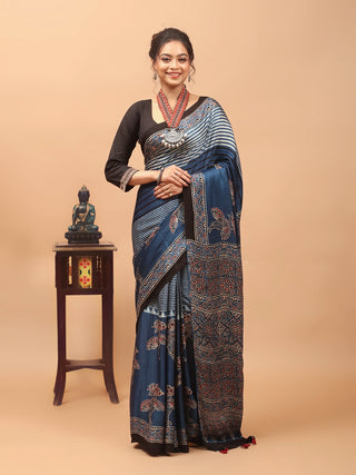 Indigo Blue, Black & Madder Red Modal Silk Ajrakh Hand Block Printed Saree