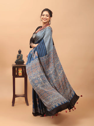 Indigo Blue, Black & Madder Red Modal Silk Ajrakh Hand Block Printed Saree