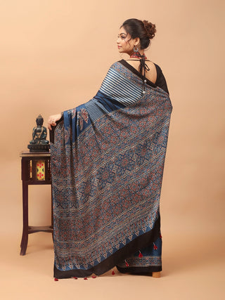 Indigo Blue, Black & Madder Red Modal Silk Ajrakh Hand Block Printed Saree