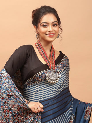 Indigo Blue, Black & Madder Red Modal Silk Ajrakh Hand Block Printed Saree