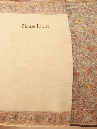 Light Beige Chanderi Silk Saree with Hand-Painted Srikalahasti Pen Kalamkari, Banarasi Contrast Border & Maroon Ikkat Piping