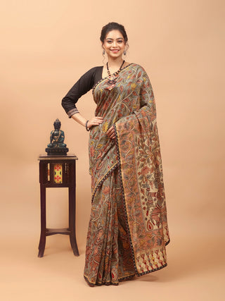 Light Beige Chanderi Silk Saree with Hand-Painted Srikalahasti Pen Kalamkari, Banarasi Contrast Border & Maroon Ikkat Piping