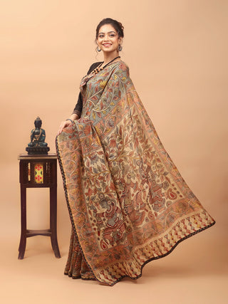 Light Beige Chanderi Silk Saree with Hand-Painted Srikalahasti Pen Kalamkari, Banarasi Contrast Border & Maroon Ikkat Piping