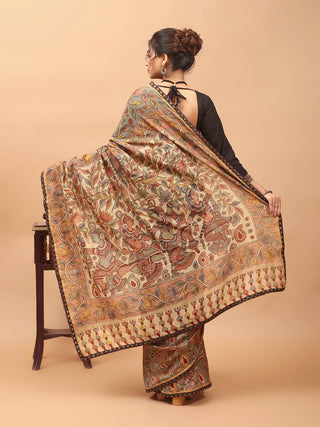 Light Beige Chanderi Silk Saree with Hand-Painted Srikalahasti Pen Kalamkari, Banarasi Contrast Border & Maroon Ikkat Piping