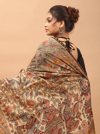 Light Beige Chanderi Silk Saree with Hand-Painted Srikalahasti Pen Kalamkari, Banarasi Contrast Border & Maroon Ikkat Piping