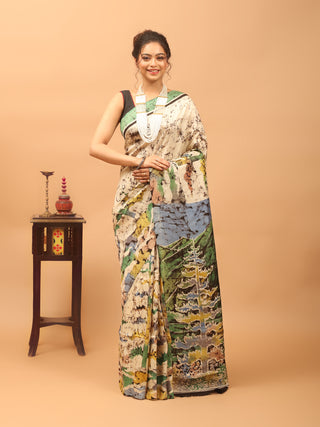 Ivory Base Pure Murshidabad Silk Hand Batik Saree depicting Kashmir