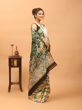 Ivory Base Pure Murshidabad Silk Hand Batik Saree depicting Kashmir