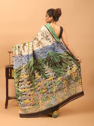 Ivory Base Pure Murshidabad Silk Hand Batik Saree depicting Kashmir