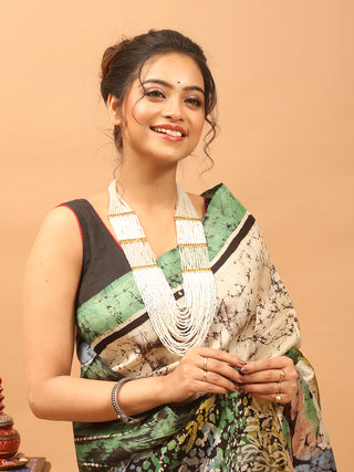 Ivory Base Pure Murshidabad Silk Hand Batik Saree depicting Kashmir