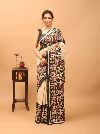 Ivory & Black Pure Tussar Silk Saree with Floral Block Print & Hand Kantha Embroidery