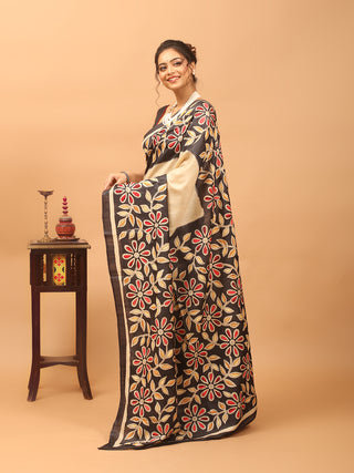 Ivory & Black Pure Tussar Silk Saree with Floral Block Print & Hand Kantha Embroidery