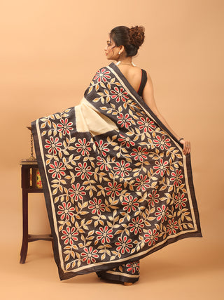 Ivory & Black Pure Tussar Silk Saree with Floral Block Print & Hand Kantha Embroidery