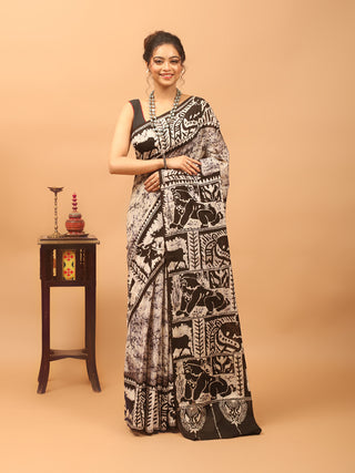 Ivory and Black Pure Mul Cotton Saree with Sahaj Path Hand Batik