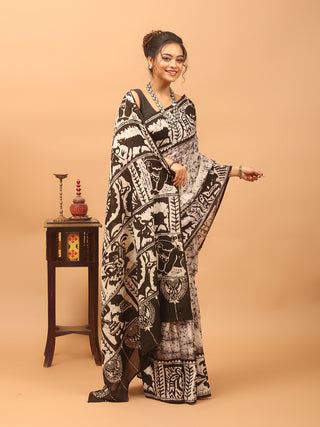 Ivory and Black Pure Mul Cotton Saree with Sahaj Path Hand Batik