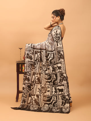 Ivory and Black Pure Mul Cotton Saree with Sahaj Path Hand Batik