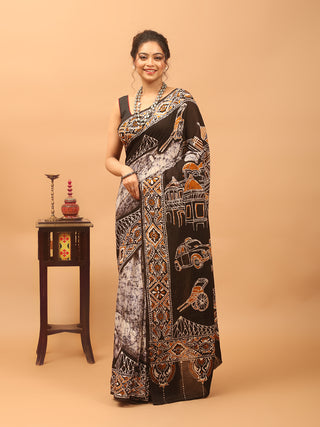 Black, Ivory & Mustard Hand Batik on Pure Mul Cotton Saree depicting City of Joy, Kolkata