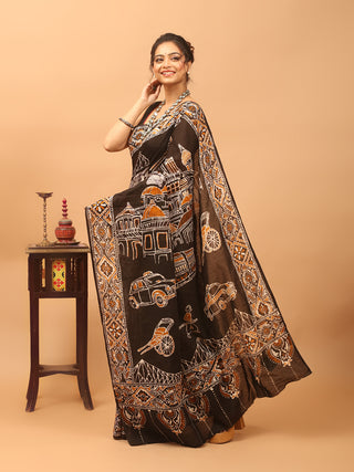 Black, Ivory & Mustard Hand Batik on Pure Mul Cotton Saree depicting City of Joy, Kolkata