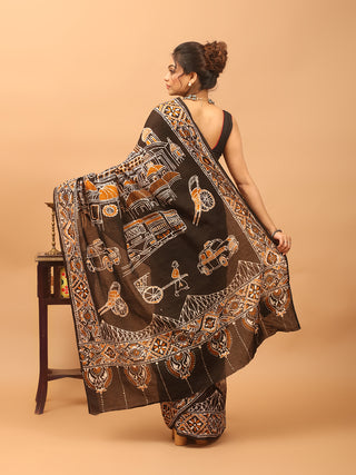 Black, Ivory & Mustard Hand Batik on Pure Mul Cotton Saree depicting City of Joy, Kolkata