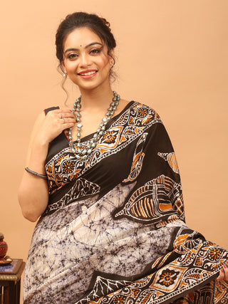 Black, Ivory & Mustard Hand Batik on Pure Mul Cotton Saree depicting City of Joy, Kolkata