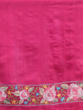 Rani Pink & Light Orange Rose-Kantha Tussar Silk Dress Material