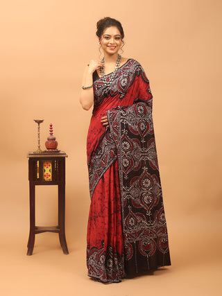 Red, Black & Ivory Pure Mul Cotton Saree with Shoru Tulir Hand Batik