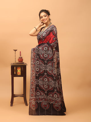 Red, Black & Ivory Pure Mul Cotton Saree with Shoru Tulir Hand Batik